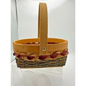 Vintage Handwoven Wood Basket‎ w/ Burgundy Ribbon Trim – 8x7 Oval Carry Basket